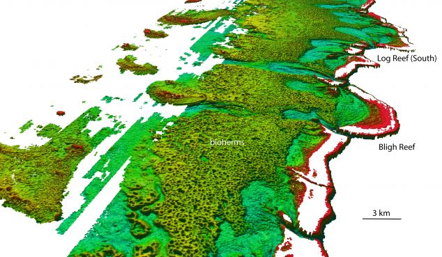 North-westerly view of the Bligh Reef area off Cape York. Depths are coloured red (shallow) to blue (deep), over a depth range of about 50 metres. Bathymetry data from Australian Hydrographic Service. 