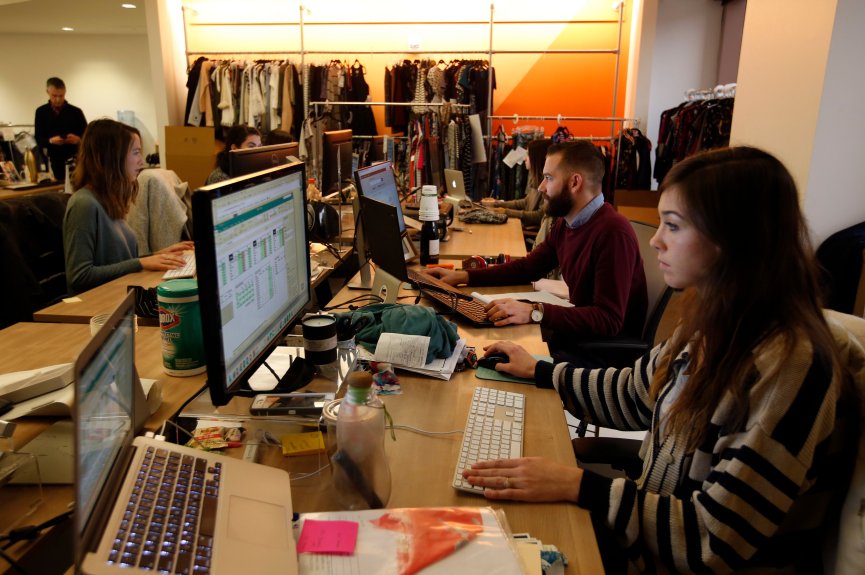 Assistant buyer Meghann Shean works with colleagues at Stitch Fix on Monday, Dec. 5, 2016, in San Francisco, Calif. Stitch Fix is an online fashion delivery service that ships personalized clothing to a customer's door. (Karl Mondon/Bay Area News Group)