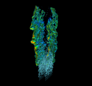Figure 1: Dimethyl ether jet simulations designed to study complex new fuels. Image courtesy of the Center for Exascale Simulation of Combustion in Turbulence (ExaCT).