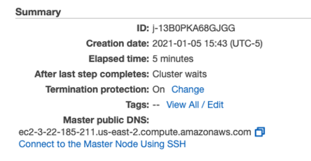 alt=Diagram shows The Summary Section of the EMR cluster management details page, with a link for information to connect to the Master Node using SSH