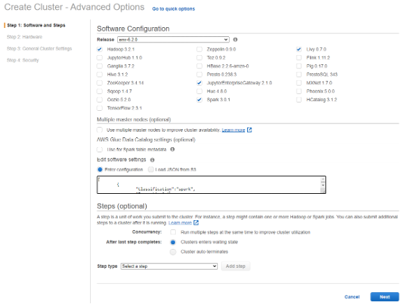 Diagram shows the EMR Create Cluster–Advanced Options page with EMR 6.2, Spark 3.01 and other software selected.