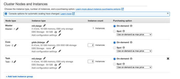 Diagram shows the EMR Create Cluster–Advanced Options Hardware page with GPUs selected for the core and task nodes. 