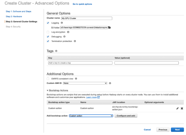 Diagram shows the EMR Create Cluster–Advanced Options General cluster settings page with a button to add a bootstrap action. 