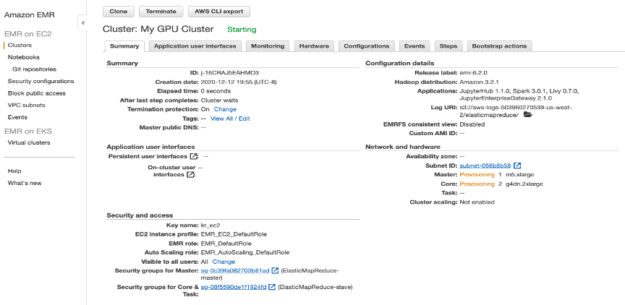 Diagram shows the EMR Cluster management details page, which shows the summary, configuration, security, application interfaces and network details for the created cluster.