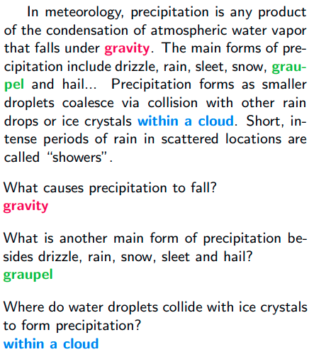 A paragraph describing the meteorological explanation of precipitation. It has three pairs of questions and answers at the bottom.