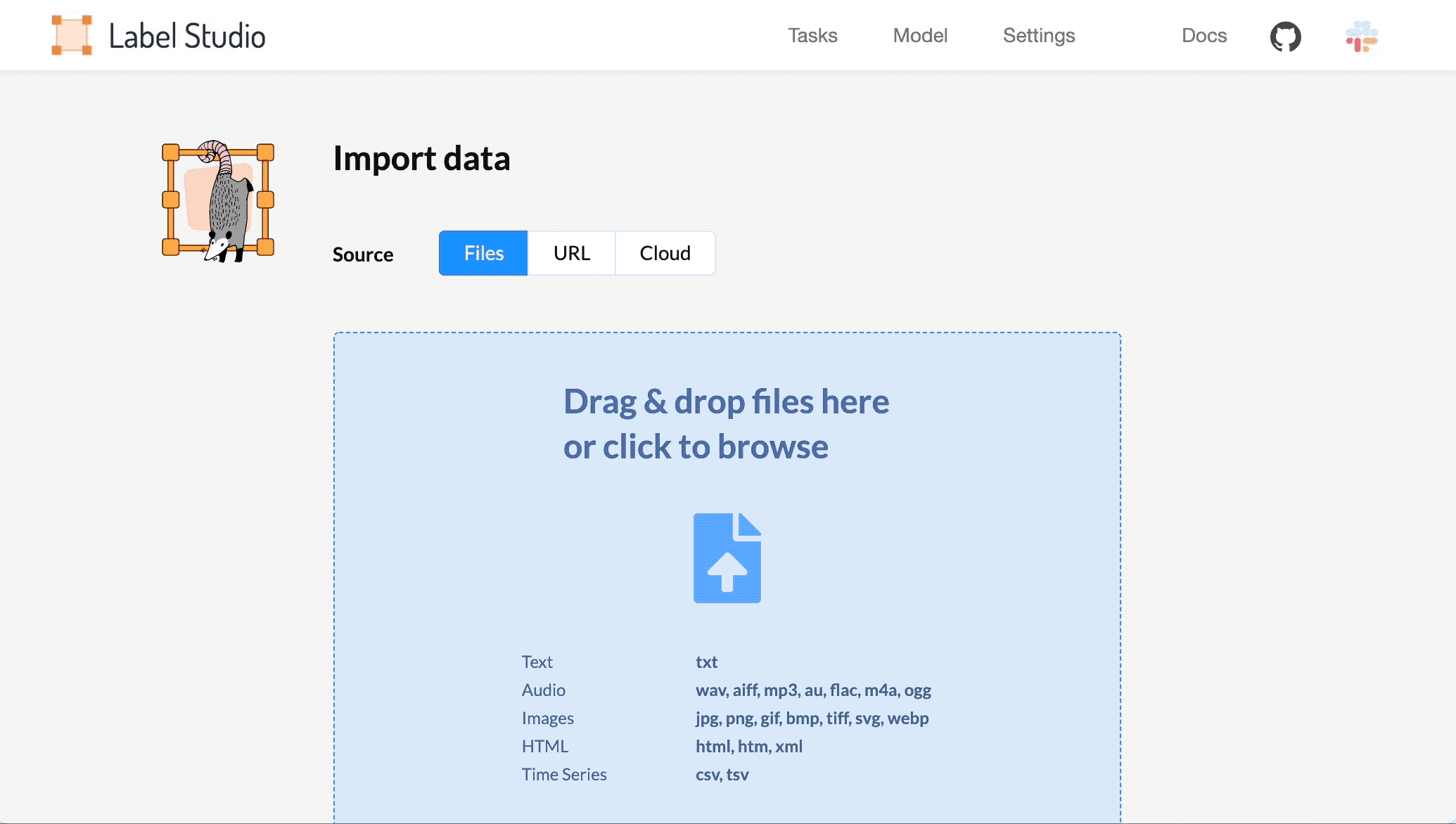 GIF showing how to import data into Label Studio. Content duplicated in surrounding text.