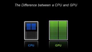 The image shows A CPU is composed of just a few cores, in contrast, a GPU is composed of hundreds of cores.
