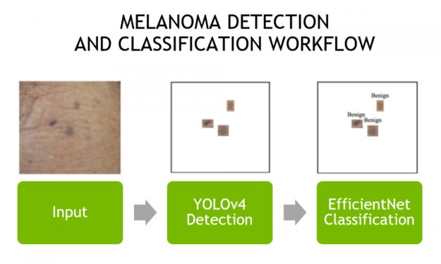 A 3-step diagram showing the workflow for skin mole detection and classification. Starting from an input, moving to the YOLOv4 model for detection, and ending with an EfficientNet model for final classification.