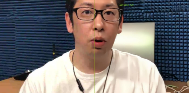 An image showcasing the Super Resolution effect from the Video Effects SDK (from SoftBank). The left half shows a 360p “before” and the right half showcases the 720p output