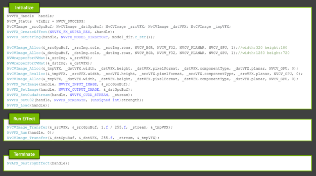 Code examples to highlight important Video Effects SDK API calls. It shows the API calls needed to initialize and run the effect.