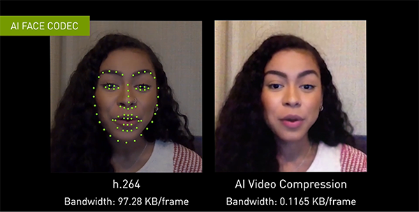 An image showcasing the Maxine AI Face codec with the benefits it provides. It has two images. The image on the left showcases the standard h.264 compression along with the bandwidth required. The image on the right showcases Maxine AI video compression, which has much lower bandwidth requirements.