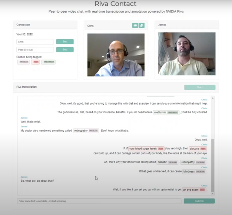 Two people hold a video call while Riva transcribes the conversation and tags medical terms.