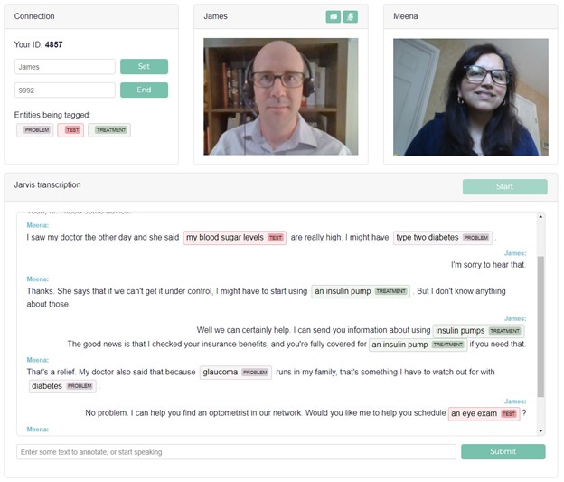 Two people hold a video call while Riva transcribes the conversation and tags medical terms.