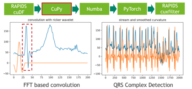 The left panel depicts a single heartbeat and a Ricker wavelet. The right panel depicts 13 continuously measured heartbeats and the corresponding output of the convolution with the Ricker wavelet. 