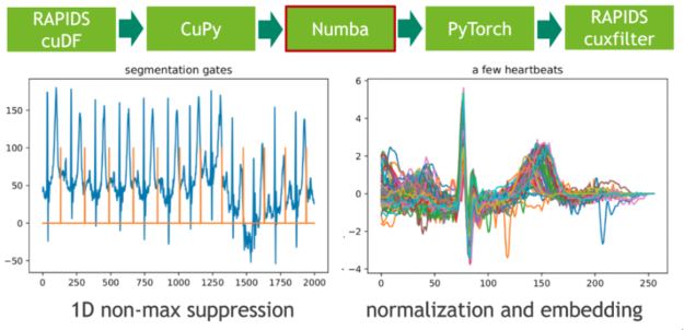 The left panel depicts the segmentation gates for 13 continuously measured heartbeats coming from the 1D non-maximum suppression. The right panel visualizes a few approximately aligned heartbeats embedded in a vector of length 256.
