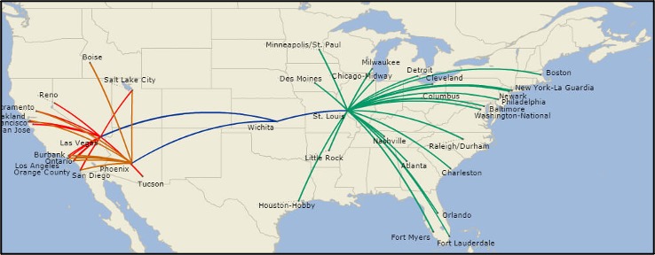 Map of the continental U.S. shows 10 routes, balanced between hubs of Las Vegas, Los Angeles, Phoenix, Wichita, and St. Louis.