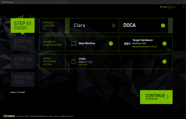 SDK Manager provides a graphical wizard interface to ease installation of NVIDIA DOCA and the OS image on the DPU.