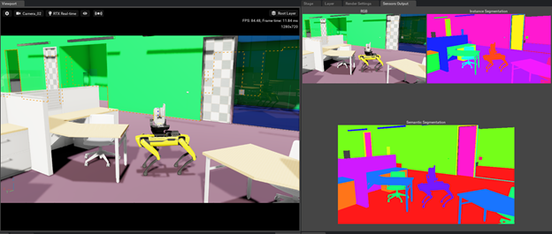 Image of an office environment where the chair and doors have been rendered with randomized parameters. The chairs are shown with random colors and the doors feature random textures.