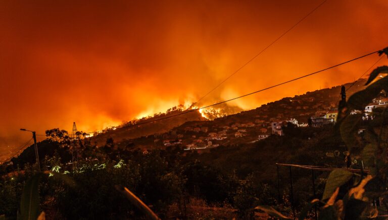Image of a wildfire encroaching on a town in Portugal.