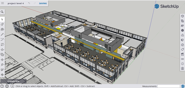 Image consists of a modern office building viewed in SketchUp’s user interface.