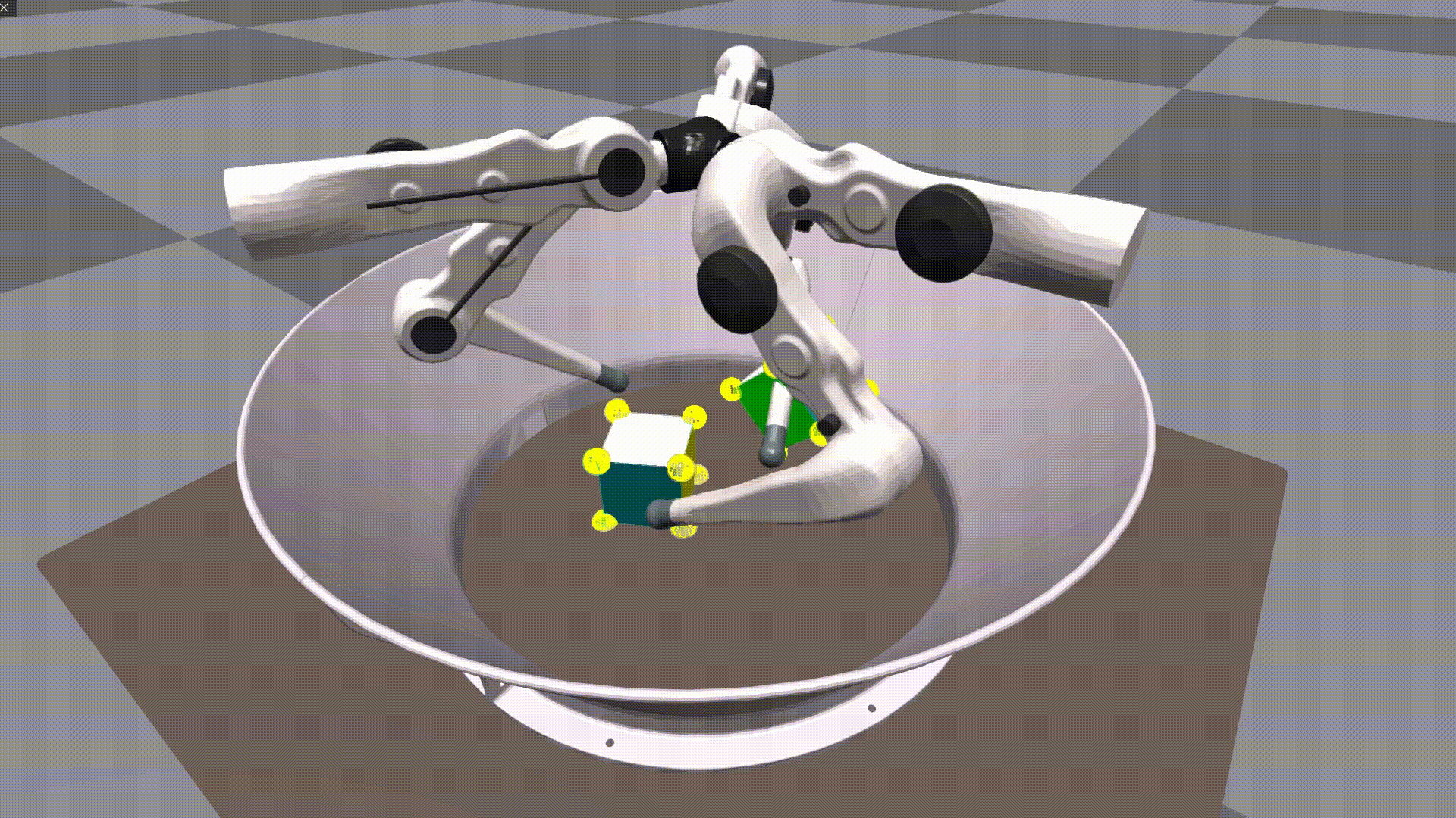GIF of a robot successfully picking up a cube, with yellow dots on the vertices of the cube representing the keypoints used for pose representation.