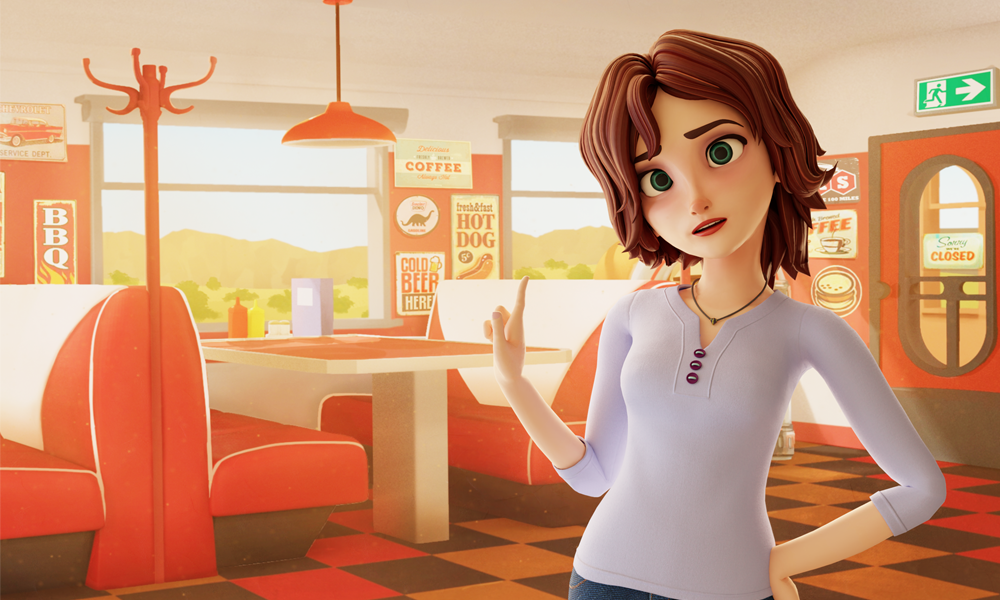 Animated character in a diner.