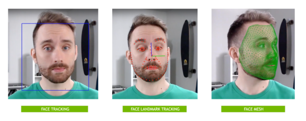 Illustration of Maxine AR face-related features including: Face Tracking, Face Landmark Tracking, and Face Mesh