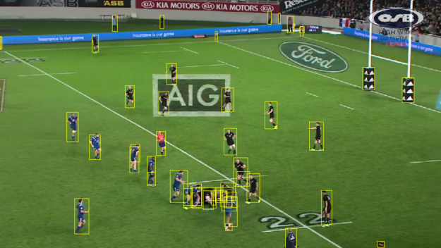 Bounding boxes (in yellow color) around players detected on a real full color video frame captured during a real rugby game.