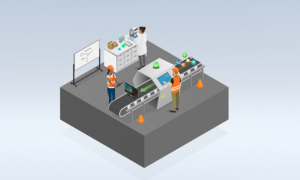 Graphic of people working in an industrial line setting.