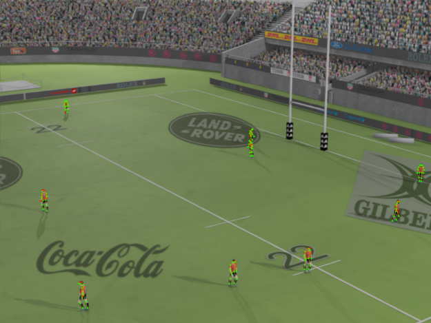 Preview of stadium and players with visible overlays of 3D players skeletons.