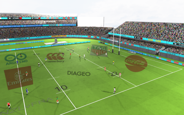 Preview of rendered stadium populated with players in uniformly randomized position with clothes in randomized colors and patterns