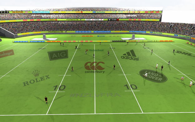 Preview of rendered stadium populated with players with synchronized team colors. Now there are two teams visible where the clothes textures are identical for each team.
