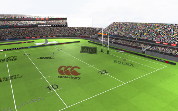 Color image. Preview of a stadium including textures of grass, crowd, sky, goal posts, and so on. Images of commercial logos are overlaid on the pitch.
