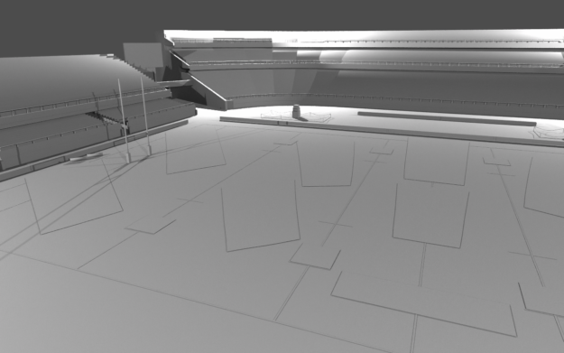 A simple preview of stadium geometry with simple Phong shader, without materials. Grayscale image.

