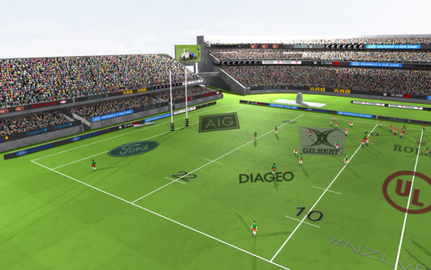Preview of rendered stadium in full color. Stadium includes pitch, tribunes with fans, advertisements, jumbotrons, and is populated with players where the positions are randomized from the Gaussian distribution.
