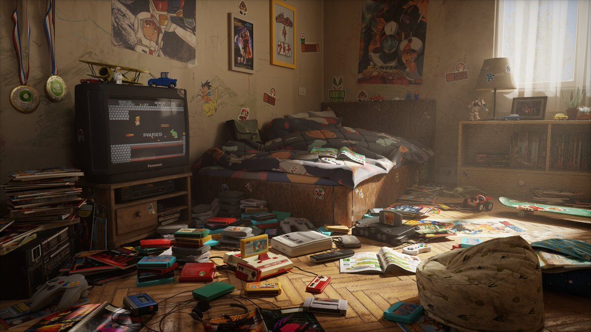 A dirty 80's style teenager's room with video games strewn about. Graphic created using Omniverse.
