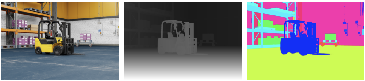 Image consists of three images of a forklift 
