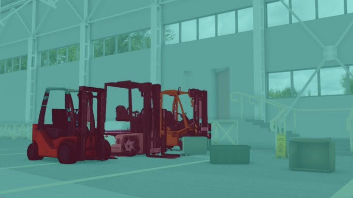 Image consists of forklifts in warehouse setting