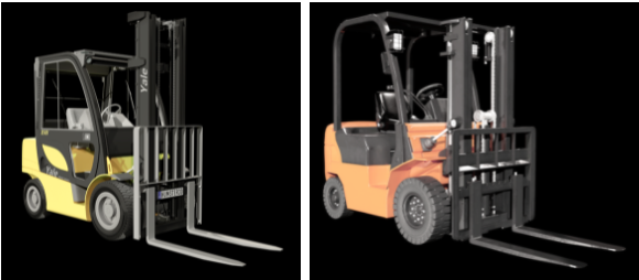 Image consists of two forklifts