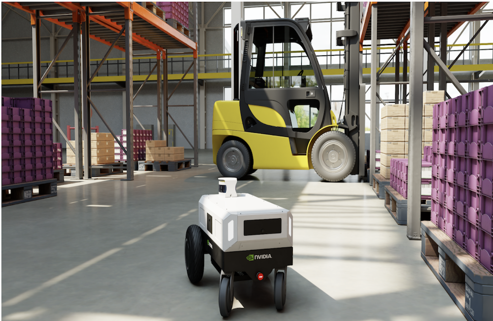 An image of a forklift in Isaac Sim