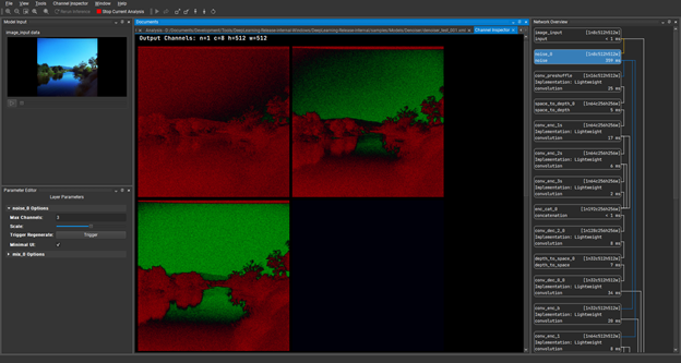 Screenshot of Nsight DL Designer showing several green and red images distorting the original image with noise. 