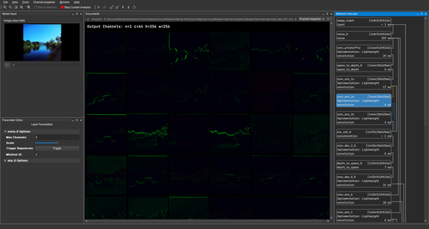 Screenshot of Nsight DL Designer showing how to adjust channel display and help identify noise distortion in the image.