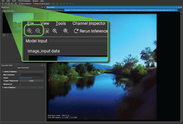 Screenshot of Nsight DL Designer showing icons to Zoom in or out of the channel inspector.
