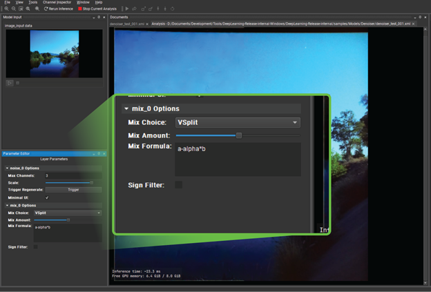 Screenshot of Nsight DL Designer showing how to select a split screen view of the image.