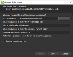 Screenshot of a dialog box asking to Generate Pytorch code from DL Designer Options menu.
