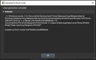 Screenshot of dialog box stating that Pytorch Code Generation is completed.
