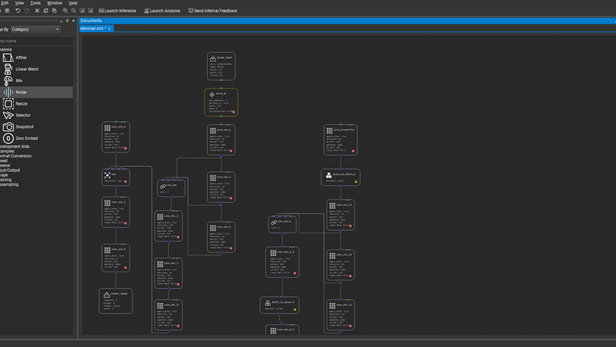 Screenshot of Nsight DL Designer showing Analysis Layers in the form of boxes interconnected in a workflow simulating a neural network.