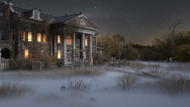 Rendering of spooky house at night.