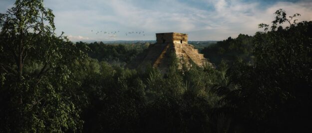 Rendering of pyramid in jungle. 