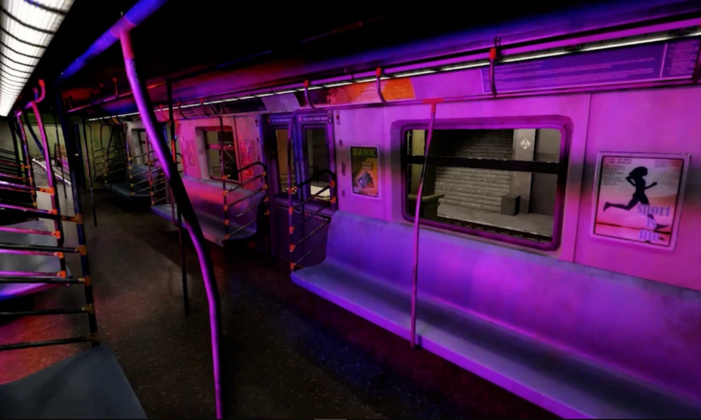 Inside a purple lit, subway car.